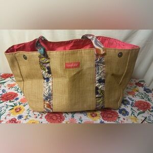 One n Only Tan and Pink Women's Tote Bag with floral silky straps